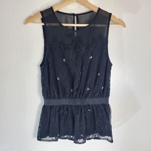 Anthropologie Meadow Rue Black Lace Sequined Sheer Collar Sleeveless Peplum Top